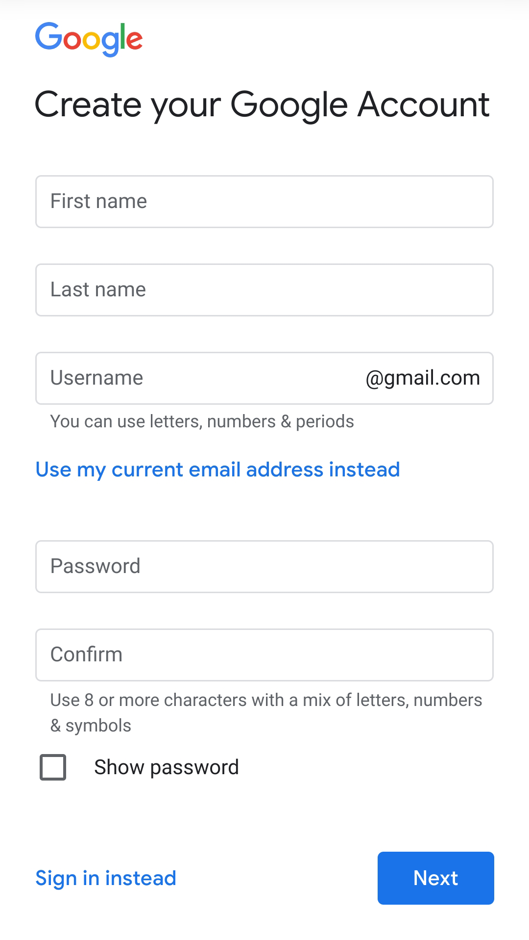 Enter your name, username and password on Google