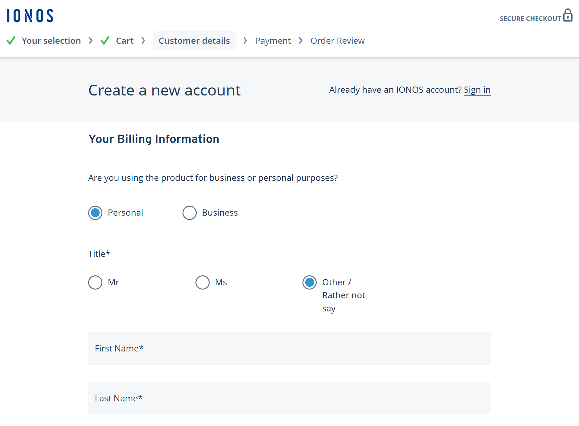 Screenshot of the order form for creating a customer account with IONOS
