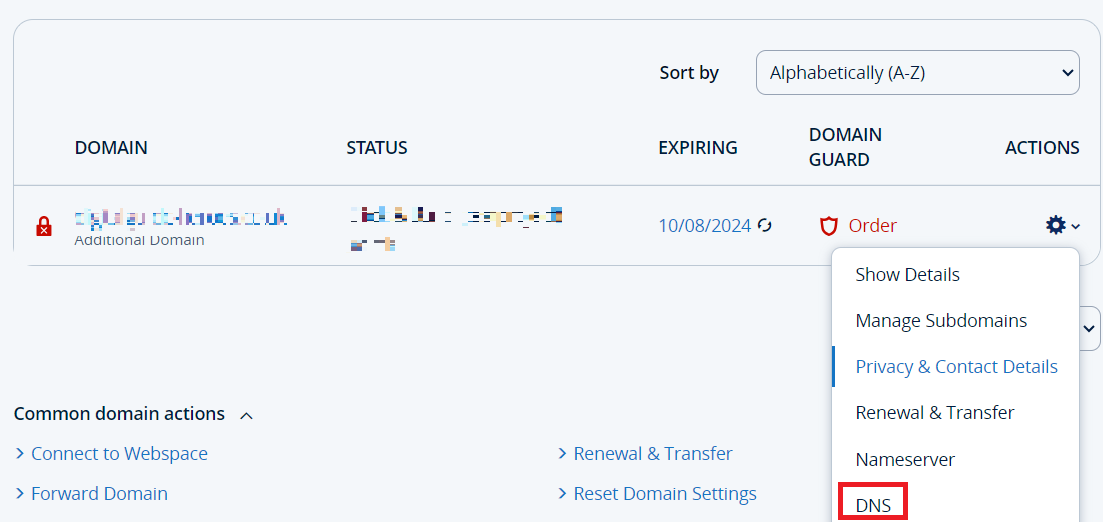 List view of the domains at IONOS