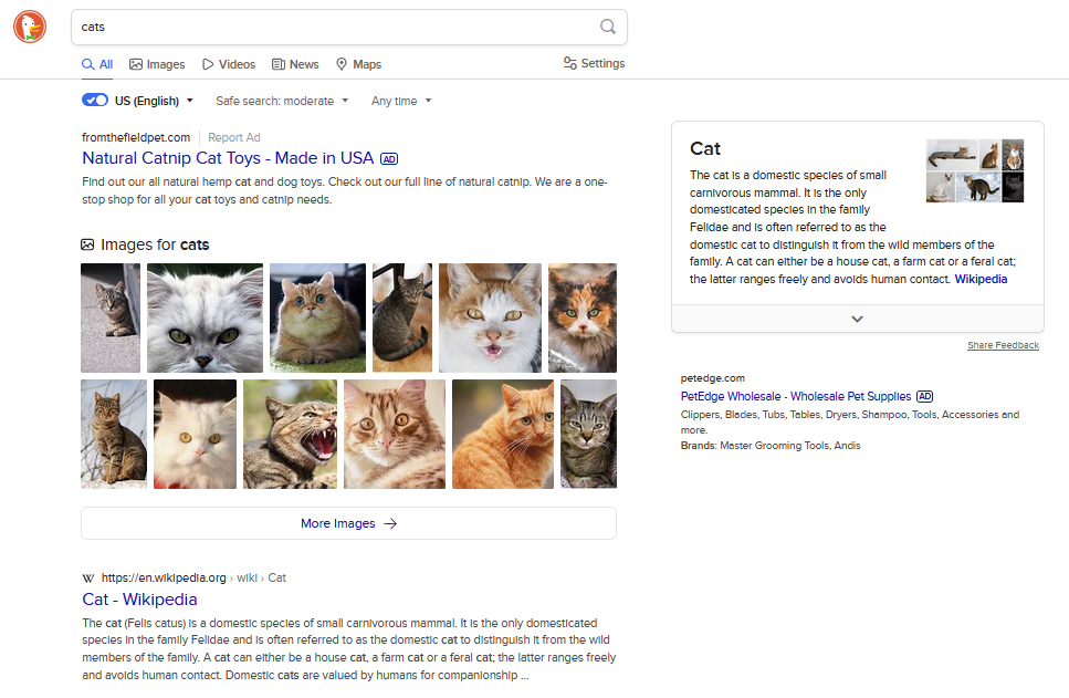 DuckDuckGo search results for the term “cats”