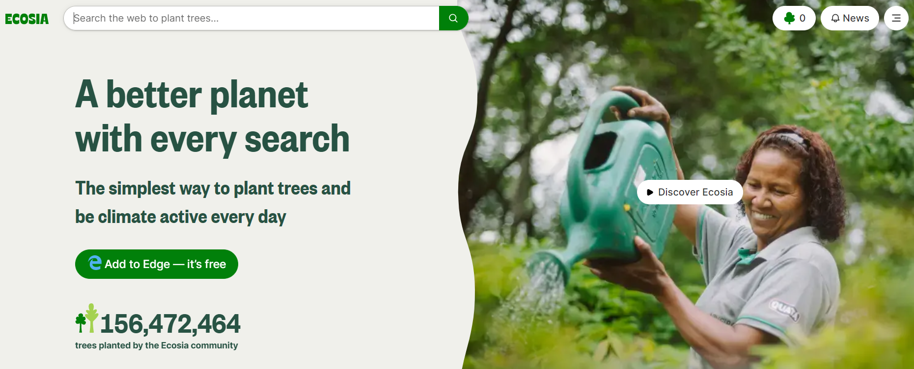 The Ecosia search engine’s home page
