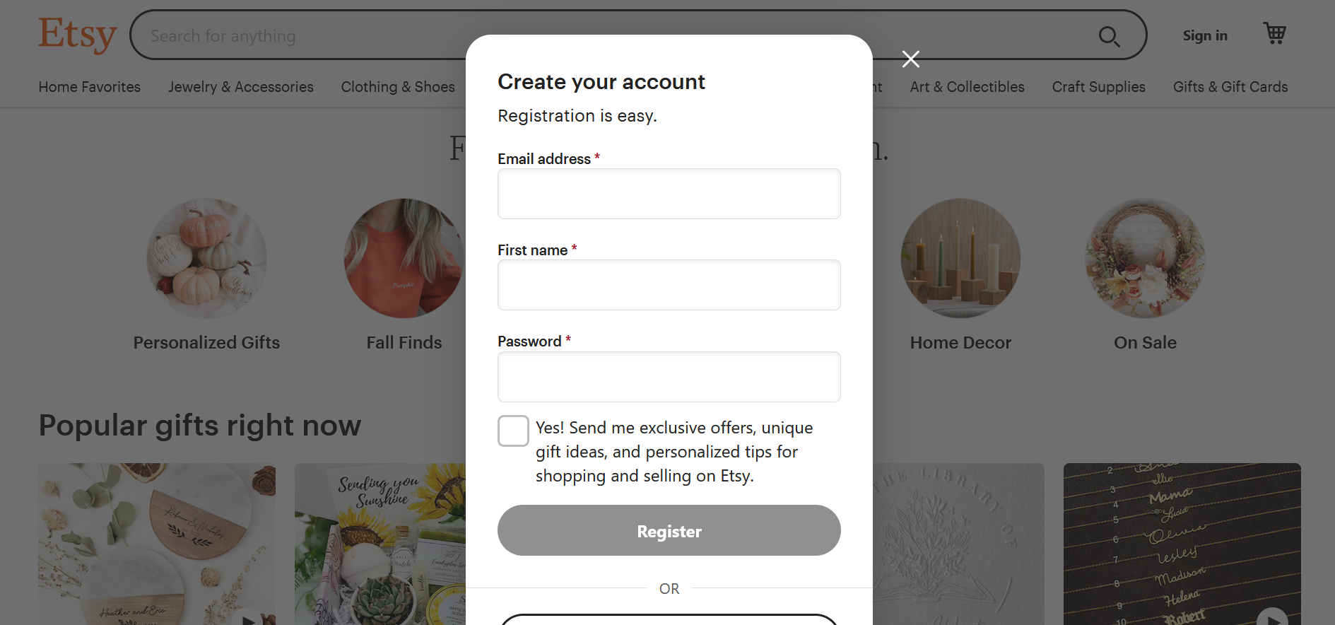 Screenshot of the account creation window on Etsy