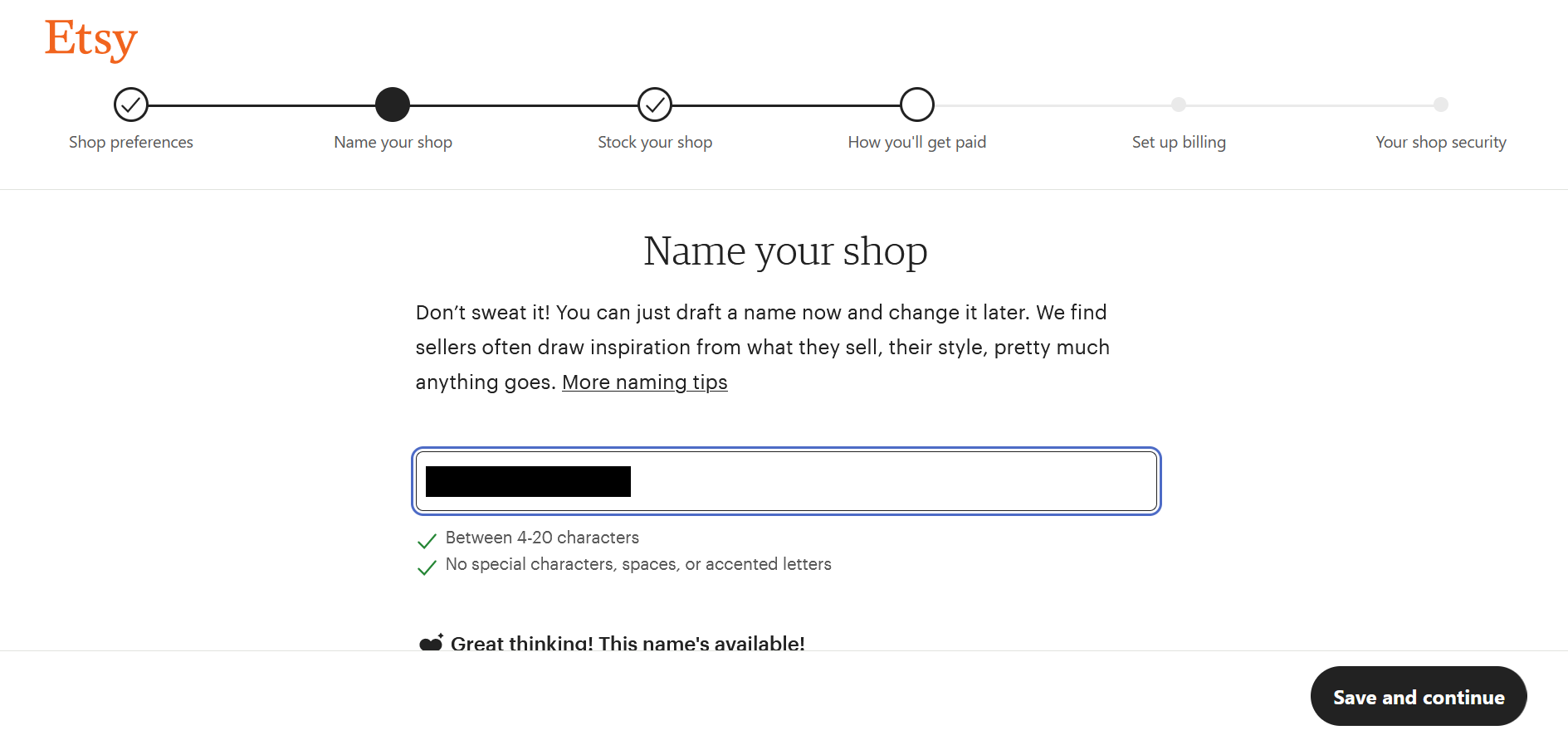 Screenshot of page to name an Etsy store