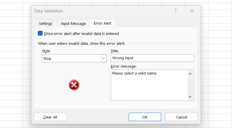 Menu for creating an error alert