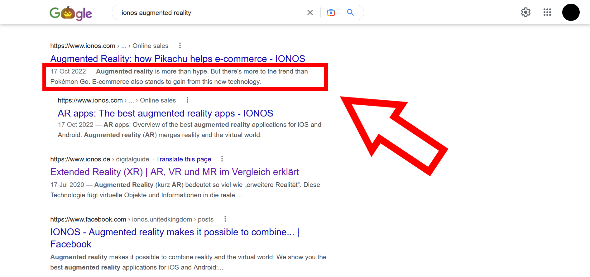 Screenshot of Google search results with an example of a meta description from an IONOS article about augmented reality