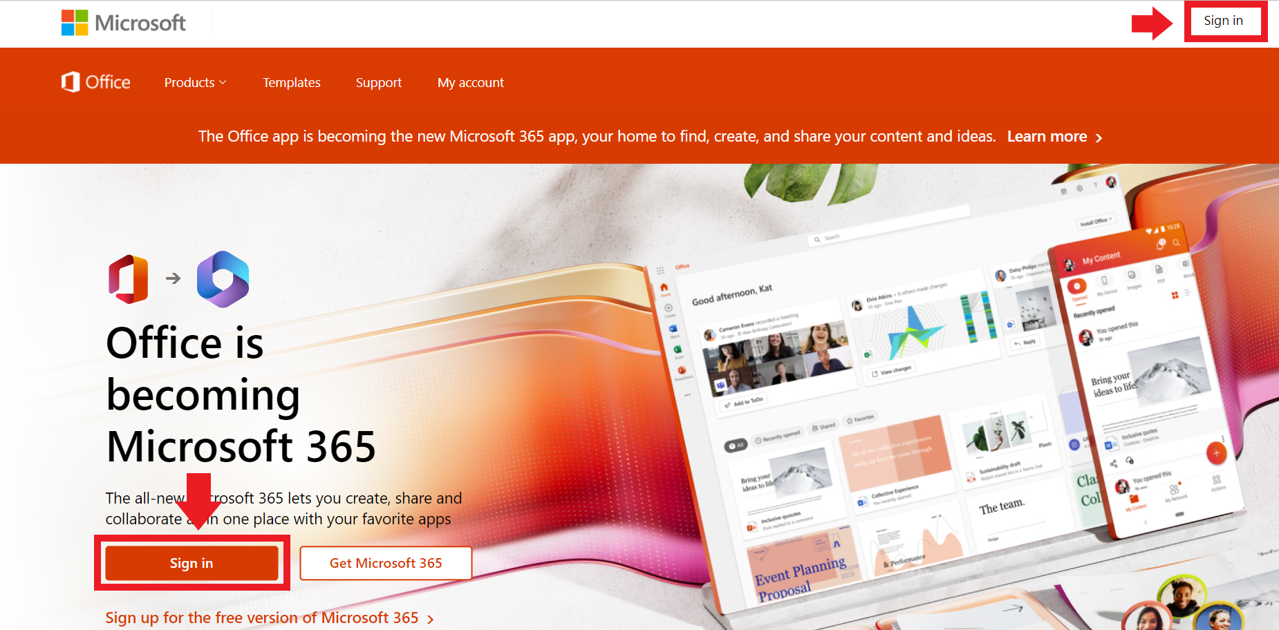 The Microsoft Office homepage with sign-in options