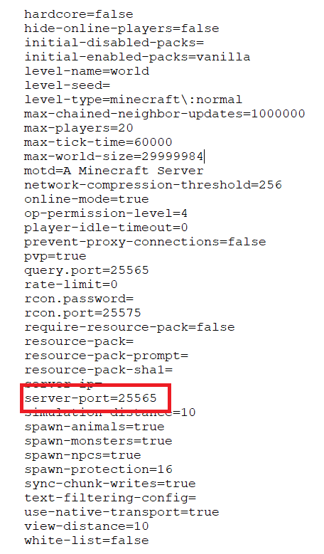 Minecraft server: snippet of server.properties file