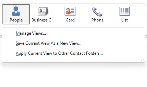 The display options for contacts under Current View in the Start tab