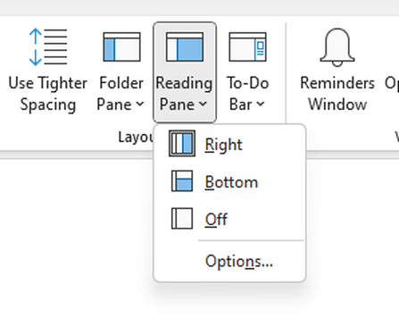 Reading Pane button with configuration options in the View tab