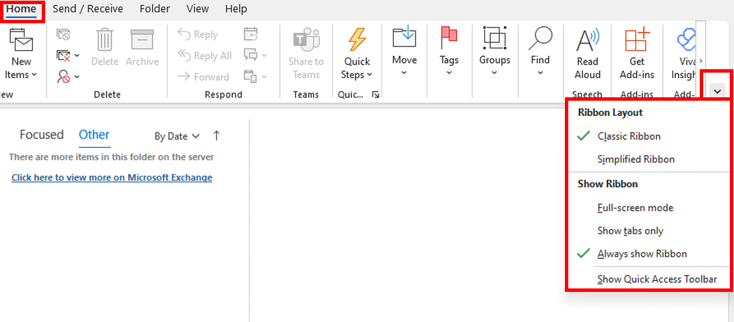 The arrow icon in the Outlook account ribbon