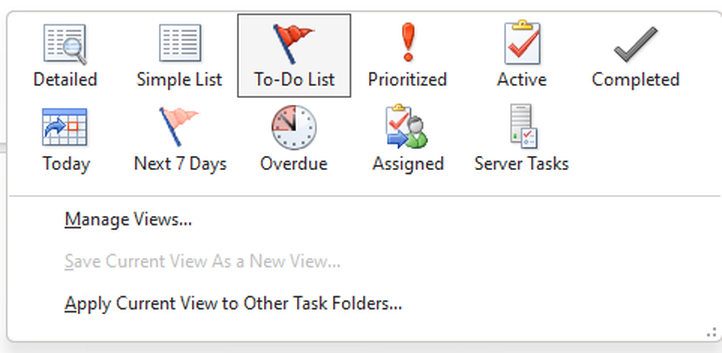 The listing of possible display options for tasks in the Change View menu