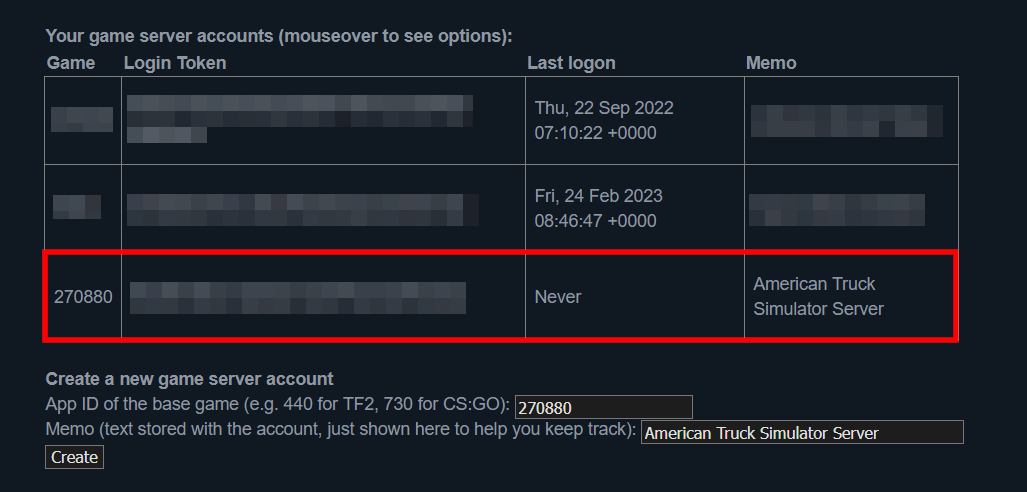 Server accounts in the Steam Game Server Account Management tool