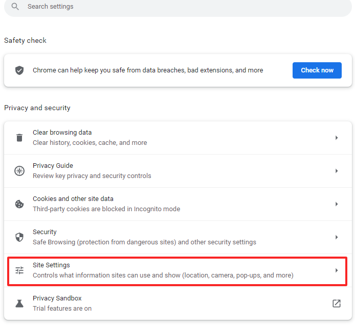 Screenshot of settings in the “Privacy and security” menu in Chrome