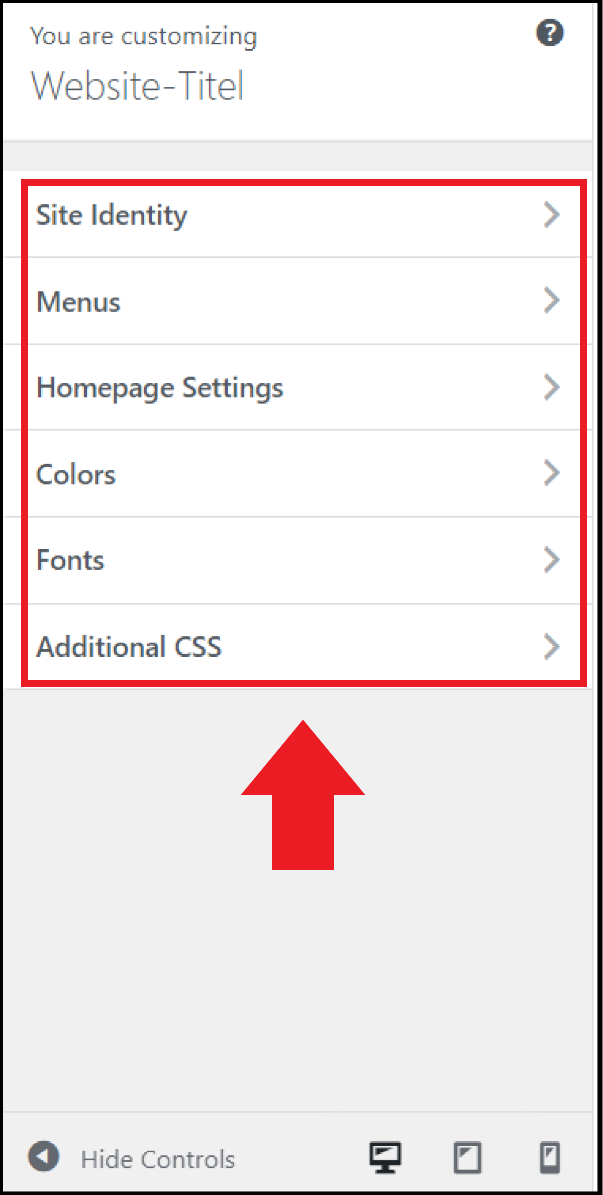 The configurations of the “Customize” menu