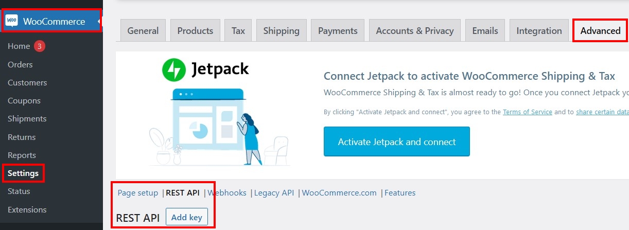 Screenshot of WooCommerce REST API menu in the backend
