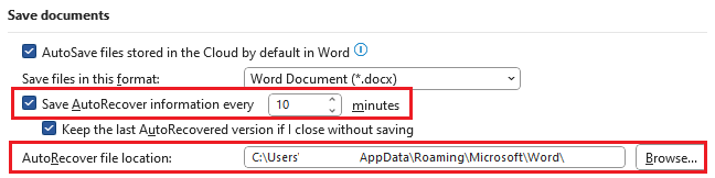 “Always create backup copy” via “Advanced” in the Word options