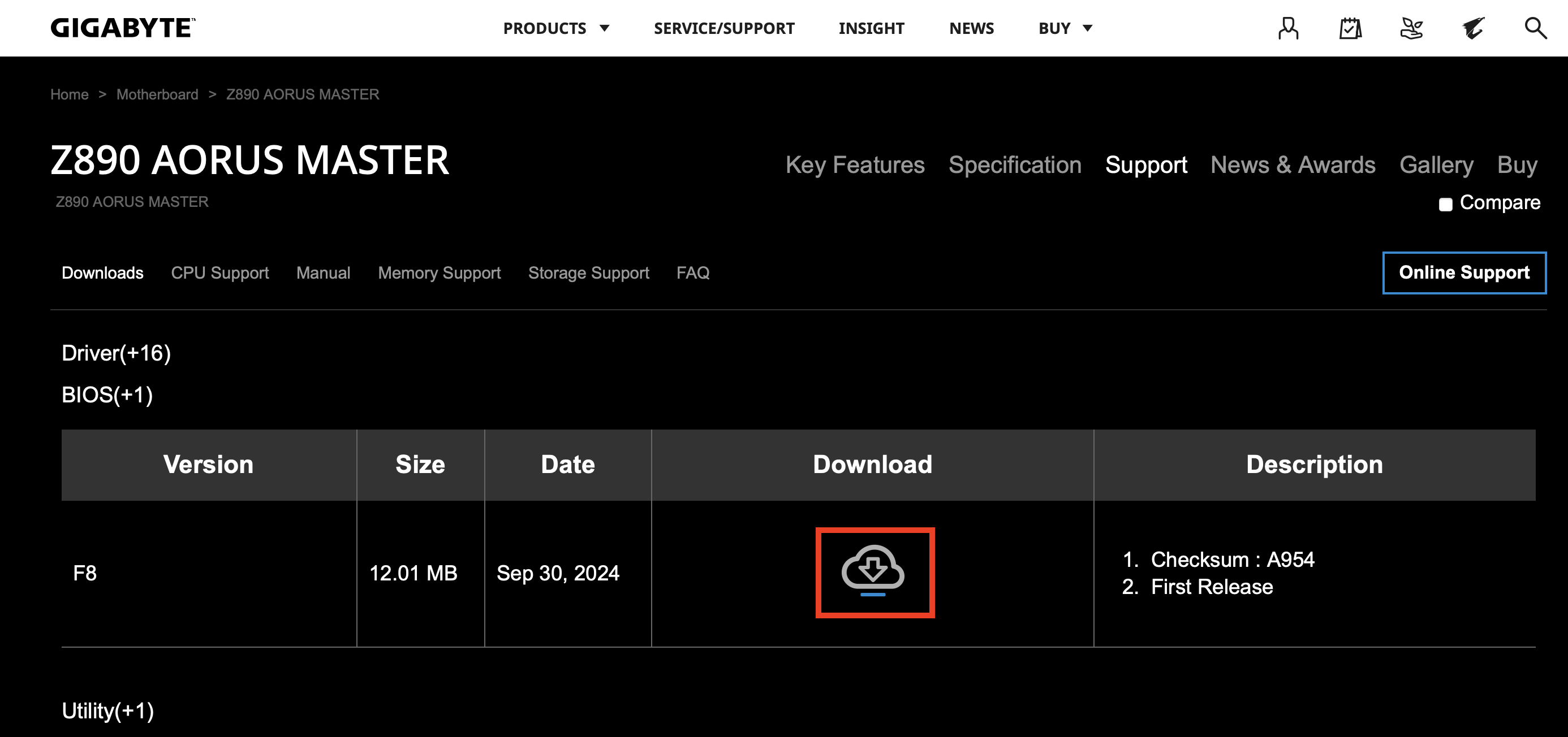 Download the most recent BIOS version on the Gigabyte website Image: Download the most recent BIOS version on the Gigabyte website