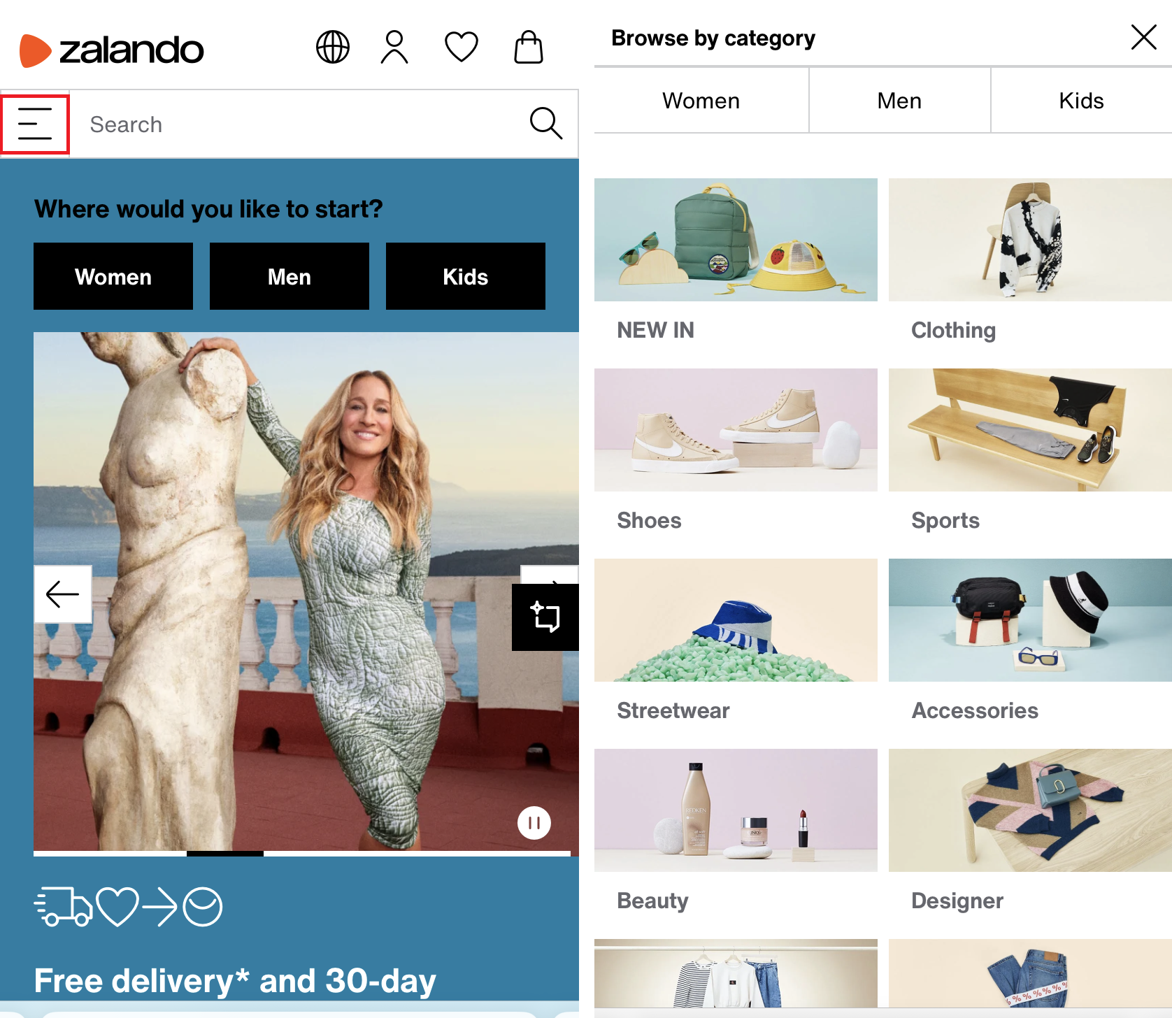 Grid navigation in the Zalando shop Image: Grid navigation in the Zalando shop