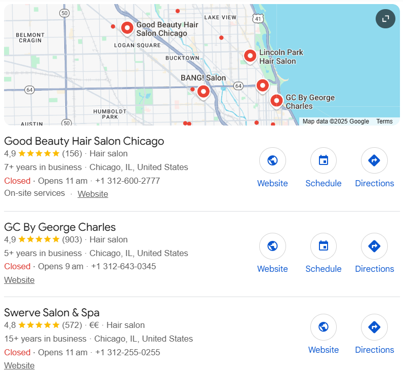 Local search result for “hair salon Chicago” Image: Local search result for “hair salon Chicago”