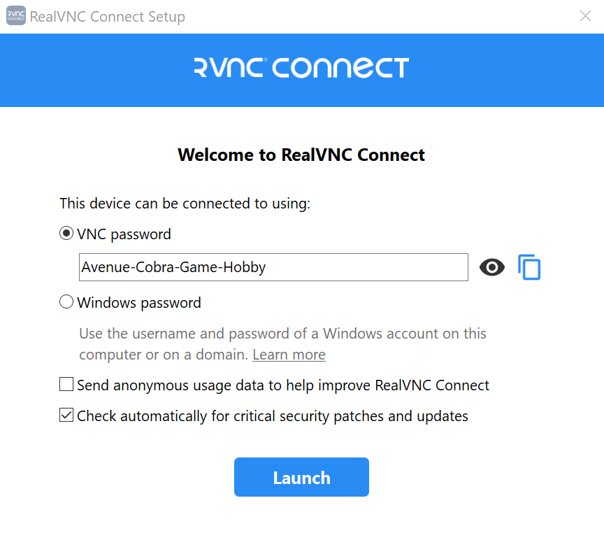 RealVNC server setup Image: RealVNC server setup
