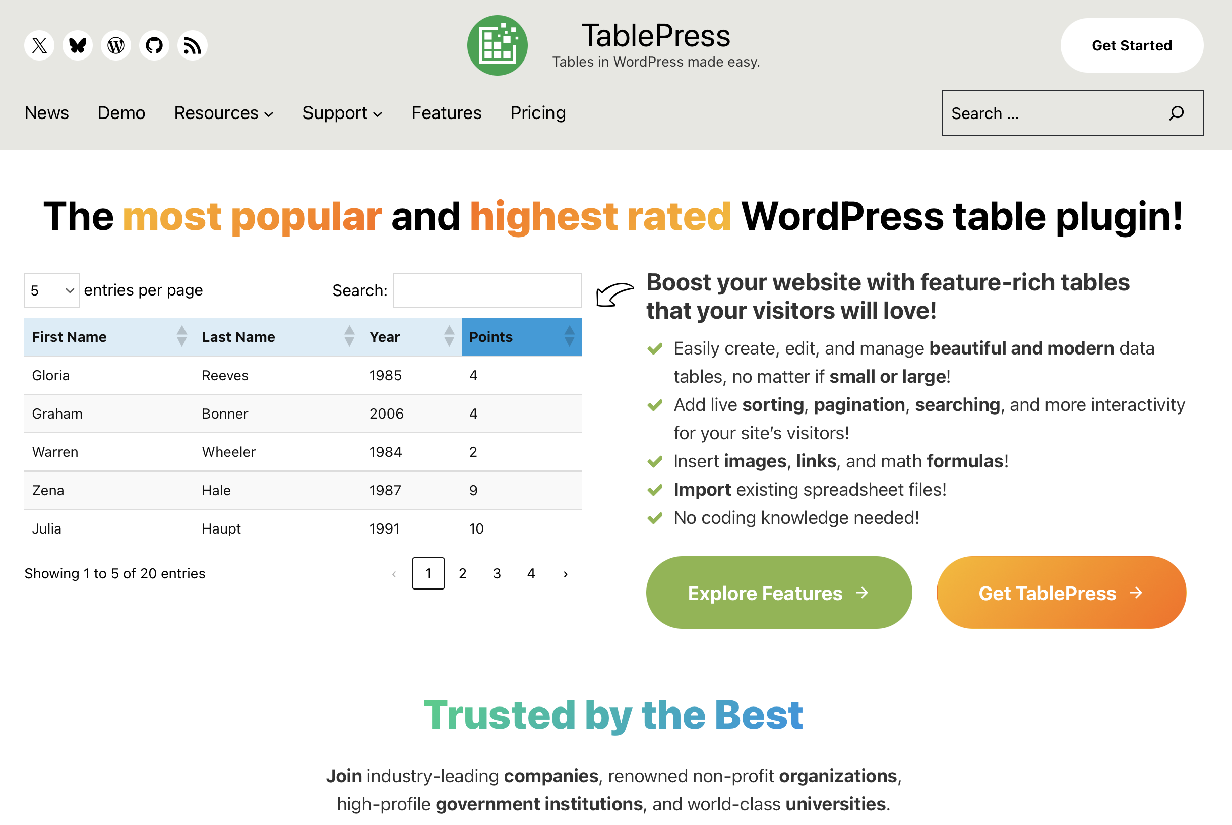 Website of the WordPress plugin TablePress Image: Website of the WordPress plugin TablePress
