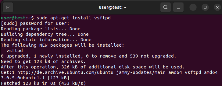 Ubuntu 22.04: vsftpd installation in the terminal Image: Ubuntu 22.04: vsftpd installation in the terminal
