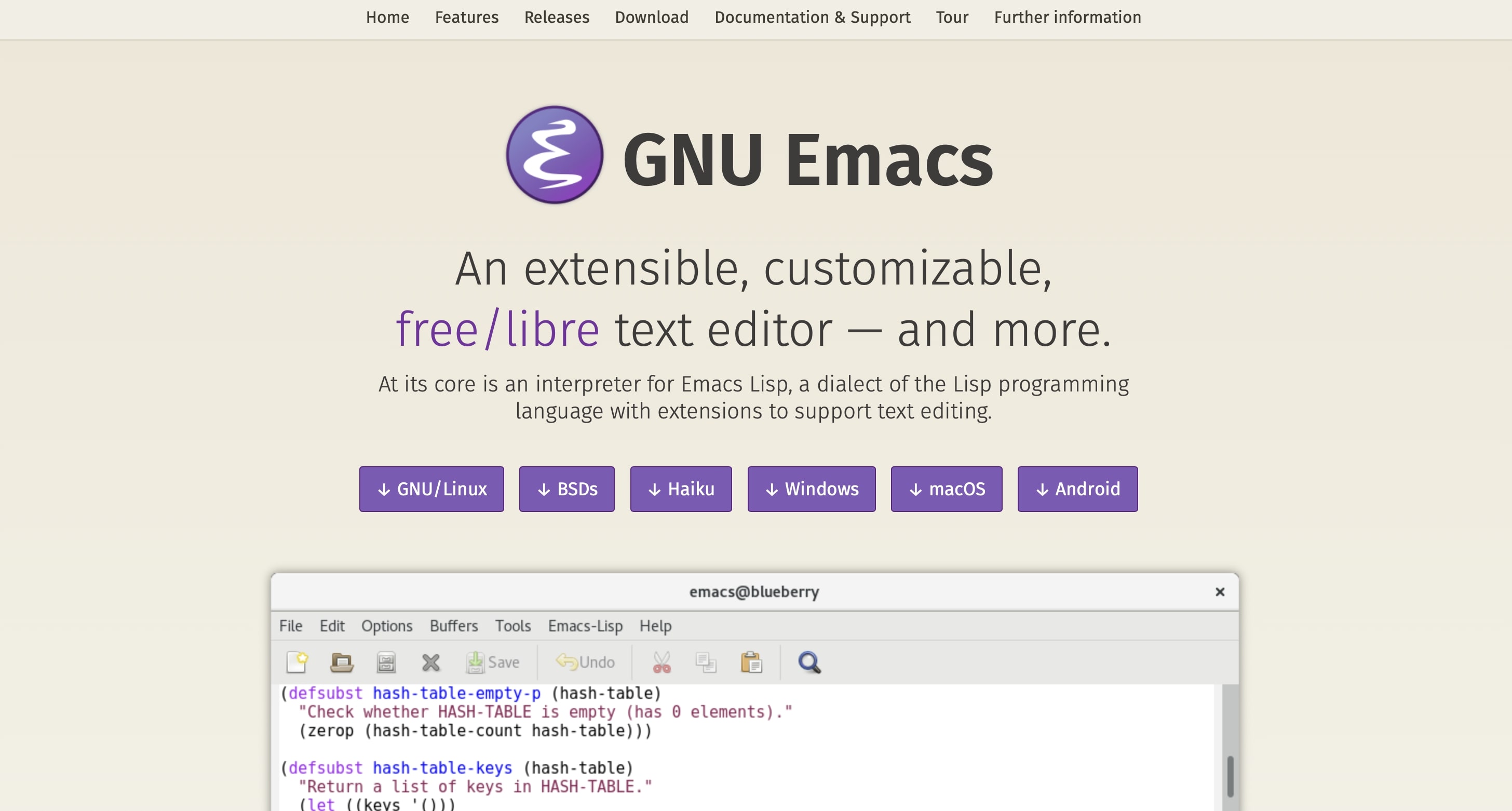 Screenshot of the GNU Emacs website Image: Screenshot of the GNU Emacs website