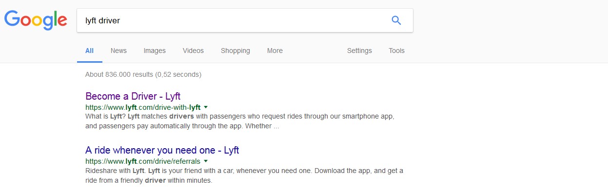 Google SERP for lyft driver'