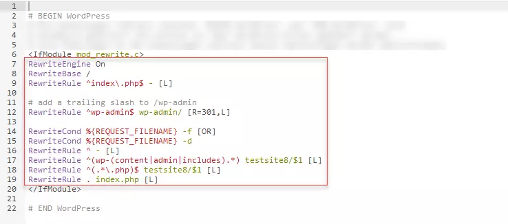 The new .htaccess file with the replacement code from the WordPress backend