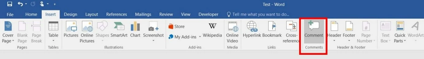 Image: Word 2016: “Comment” button in the “Insert” ribbon