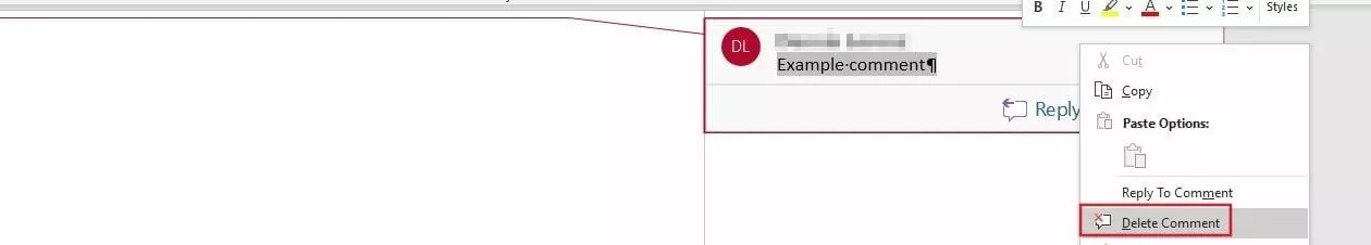 Image: Deleting a comment in Word 2016