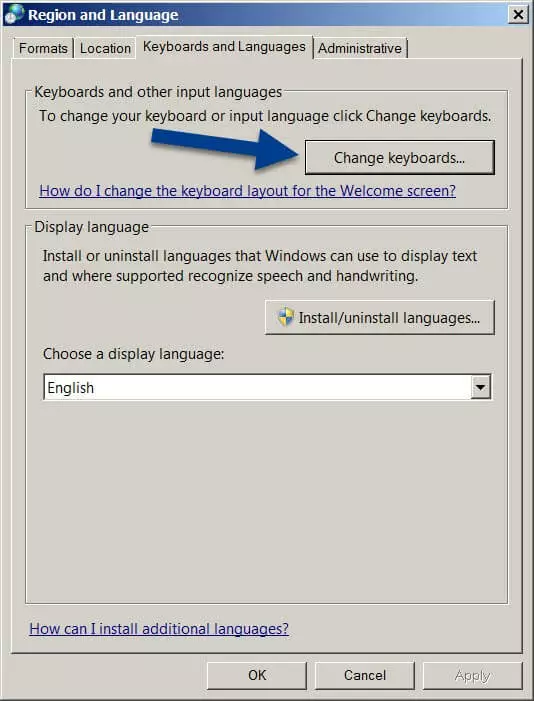 Image: “Region and Language” menu and “Keyboards and Languages” tab