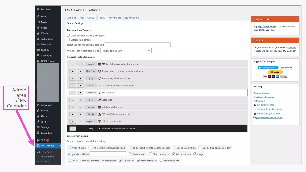 Well-organized admin area of the My Calendar calendar plugin for WordPress