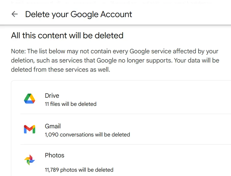 Image: List of files and content that will be deleted when you close your Google account