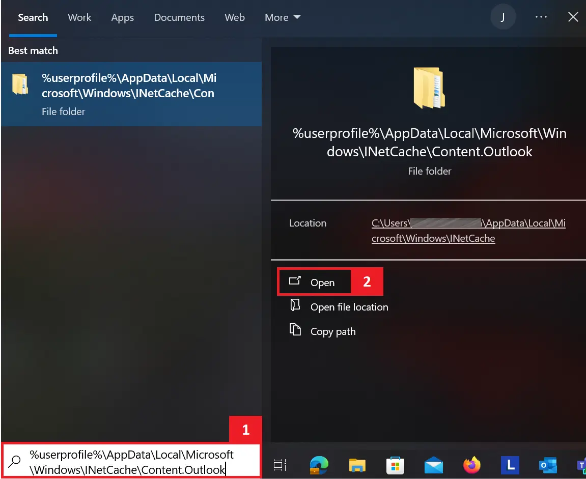 Opening the Outlook cache folder Image: Opening the Outlook cache folder