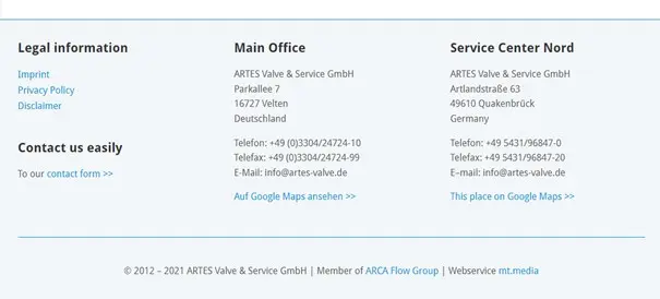 Image: Screenshot of the footer from the industrial company ARTES Valve & Service GmbH