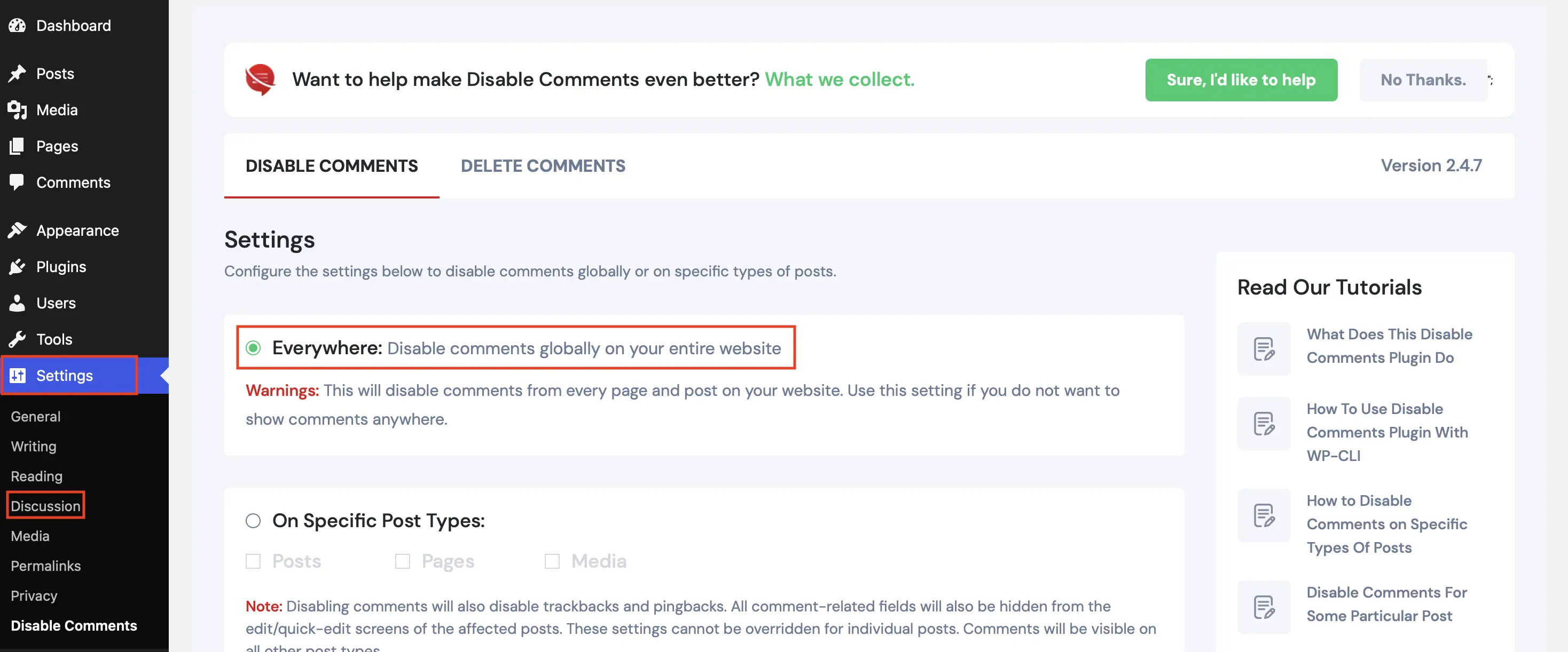 Backend of the “Disable Comments” plugin with settings for turning off comments Image: Backend of the “Disable Comments” plugin with settings for turning off comments