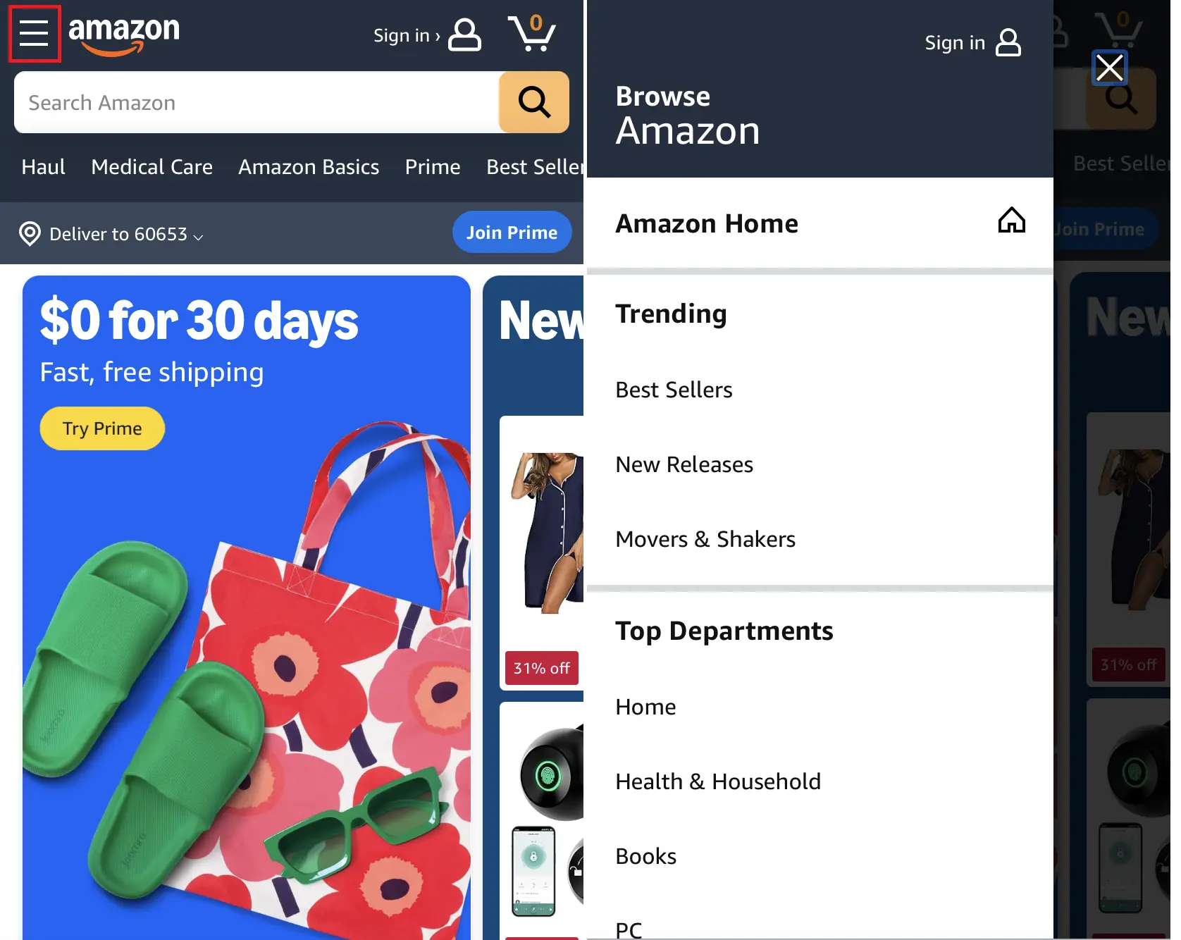 Image: Dropdown navigation on the Amazon website