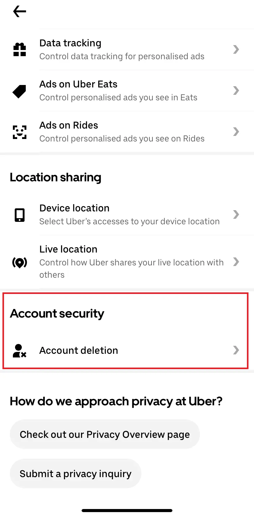 Screenshot of the delete option in the Uber app Image: Screenshot of the delete option in the Uber app