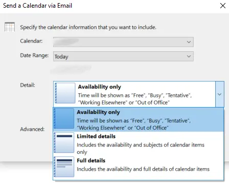 Image: Outlook: Select the level of detail in the “Send a Calendar via Email” dialog box
