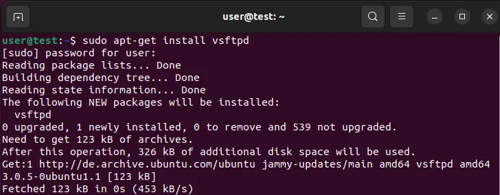 Image: Ubuntu 22.04: vsftpd installation in the terminal