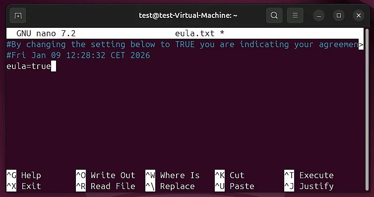 Image: Minecraft server EULA confirmation in the Ubuntu terminal