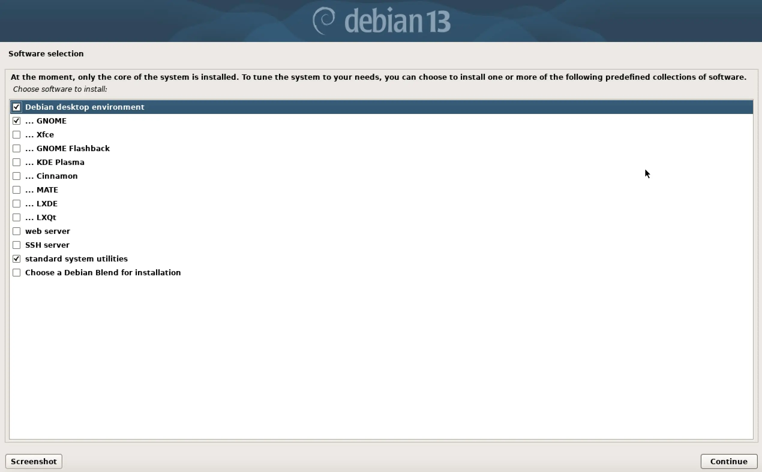 Screenshot of Debian 13 installation: Software Selection Image: Screenshot of Debian 13 installation: Software Selection