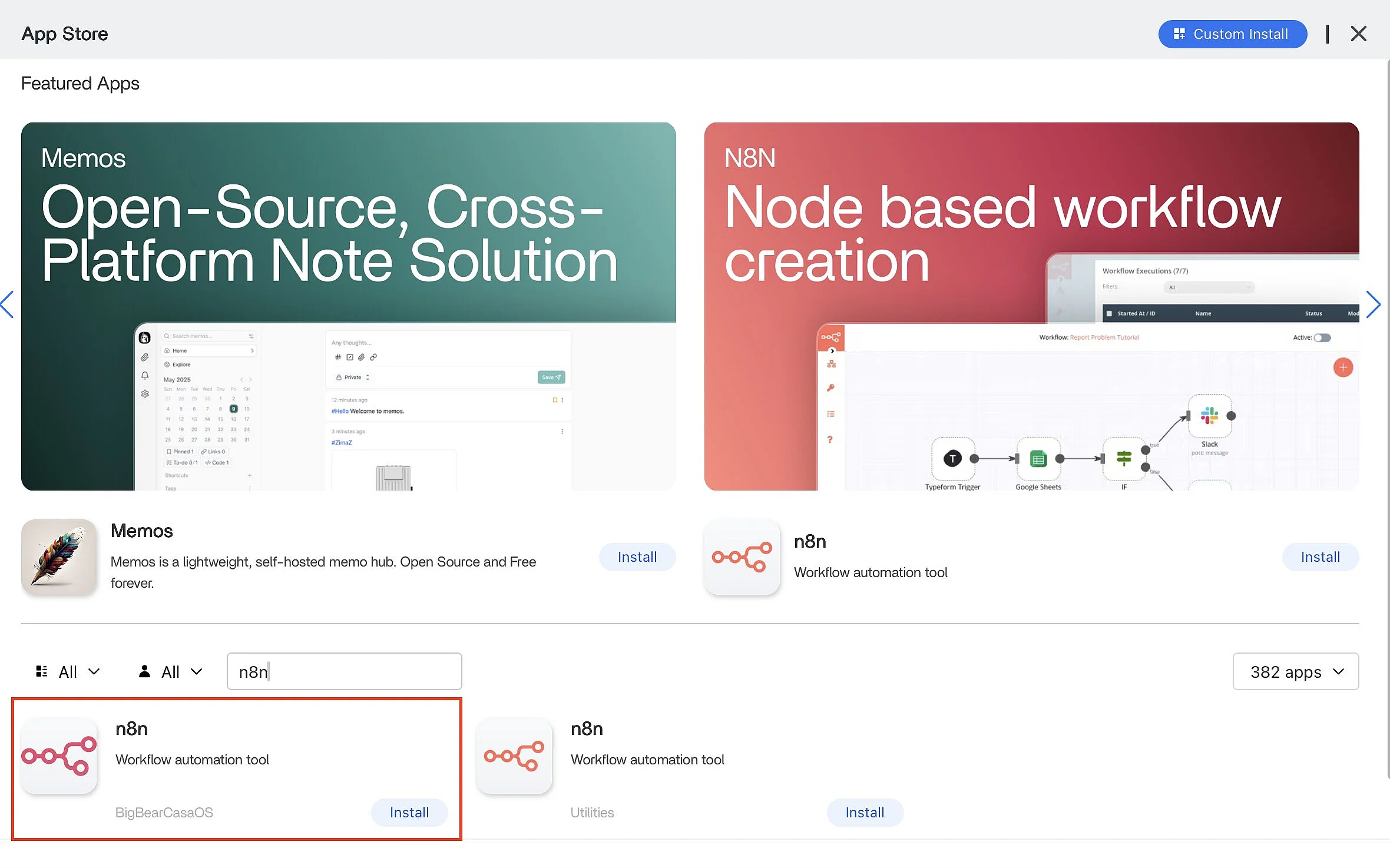 Search for n8n in the CasaOS App Store Image: Search for n8n in the CasaOS App Store