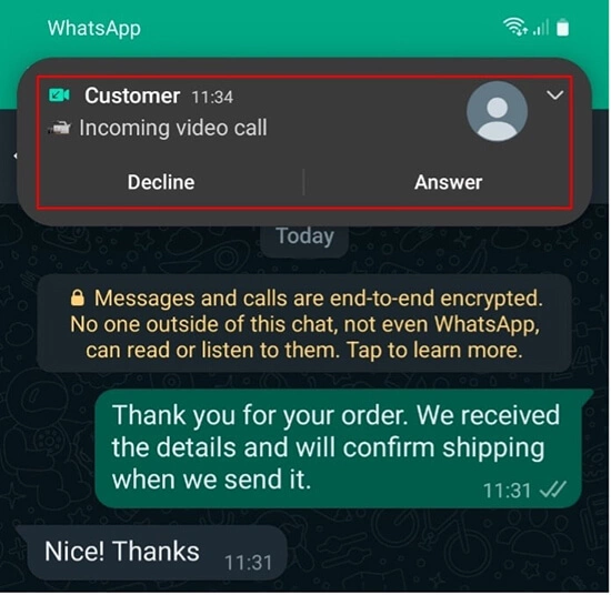 Image: “Decline” or “Answer” an incoming WhatsApp video call