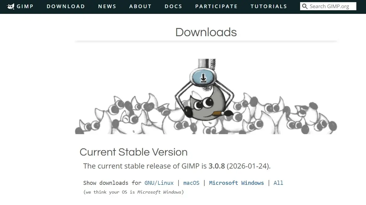 Website for downloading GIMP Image: Website for downloading GIMP