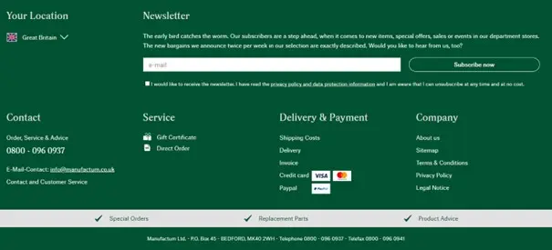 Image: Screenshot of the footer from the retailer Manufactum