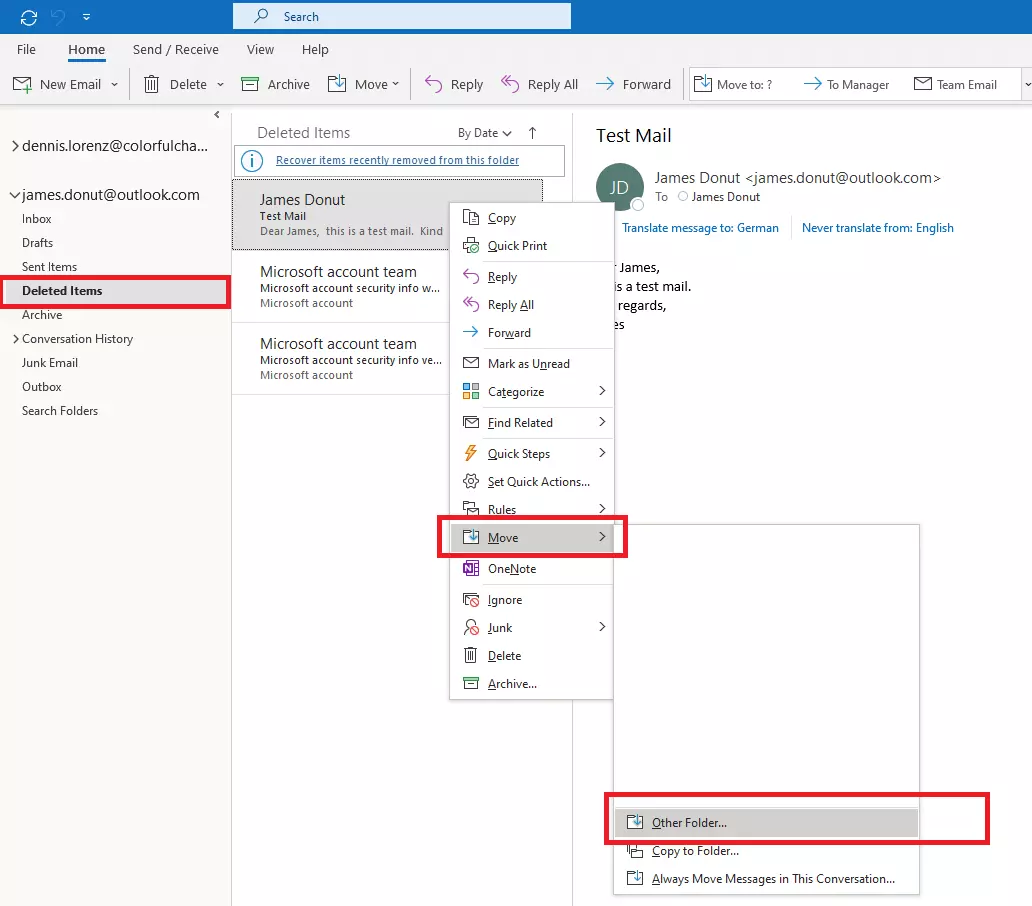 Image: Context menu of an email in the folder “Deleted items”