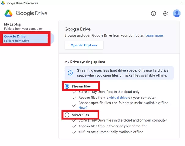 Image: Under “Google Drive”, you can choose between “Stream files” and “Mirror files”