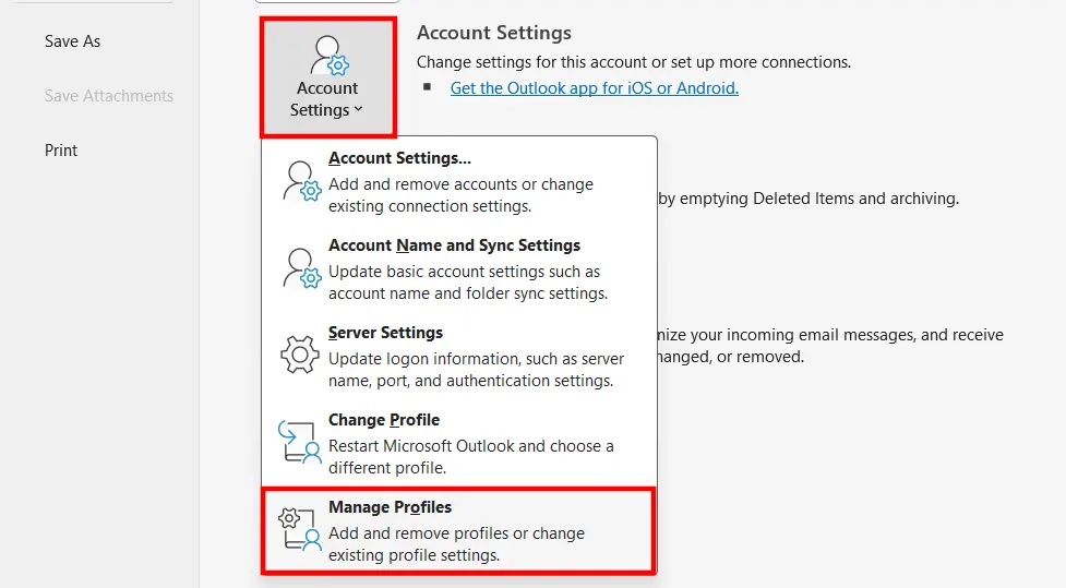 Manage profiles in Outlook Image: Manage profiles in Outlook